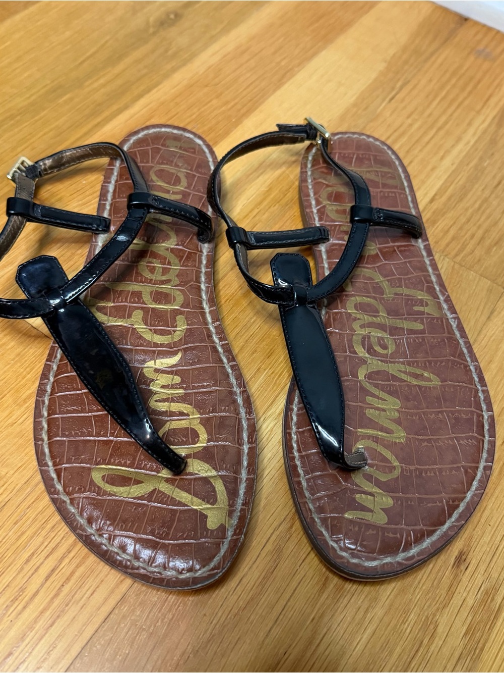 Sam Edelman Black Patent Brown Croc Gigi Flat Sandals Size 5.5 - Picture 3 of 15